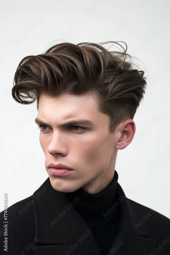 Close-up portrait of a young man sporting a modern quiff hairstyle against a white background Close-up portrait of a young man sporting a modern quiff hairstyle against a white background
