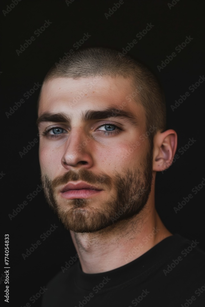 Fototapeta premium Portrait of a young man with a buzz cut and beard against a black background