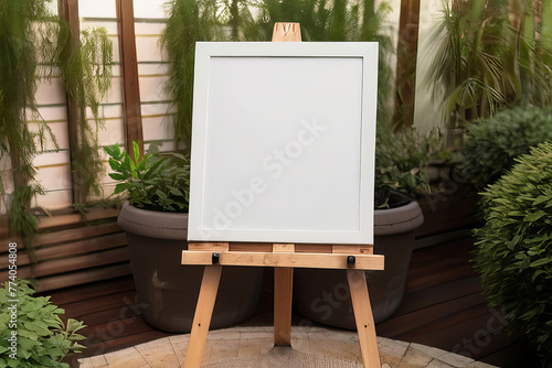 Rustic wooden easel with whiteboard canvas in a garden setting. photo