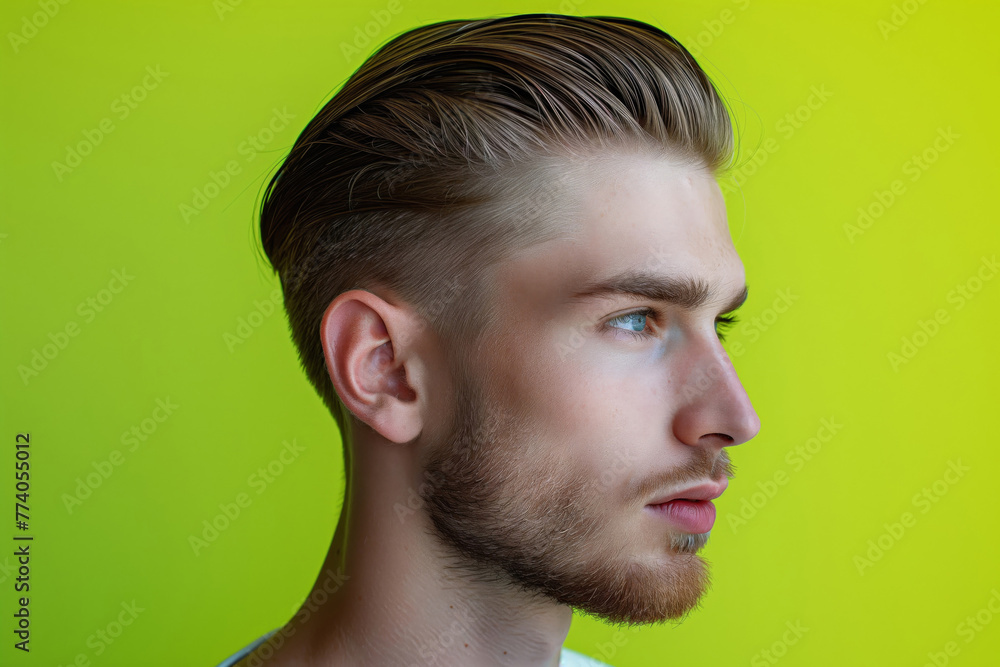 Fototapeta premium Profile view of a young man showcasing a modern side part haircut against a vibrant green background