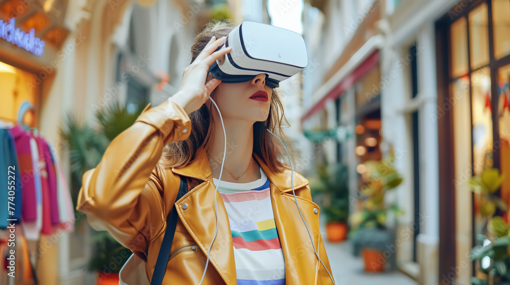 A woman wearing VR goggle glasses futuristic technology with shopping in the mall. A woman wearing VR goggle glasses futuristic technology with shopping in the mall.
