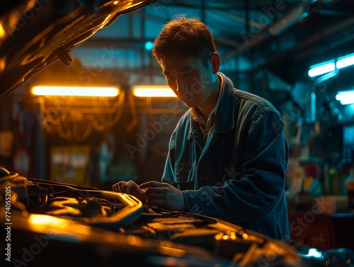 A mechanic inspecting under the hood of a car in a well-lit garage