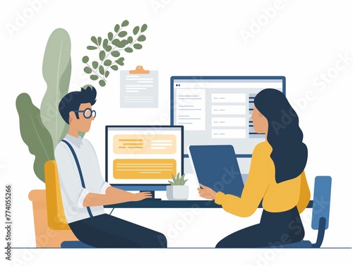 Illustration of a customer reviewing service options with a knowledgeable staff member