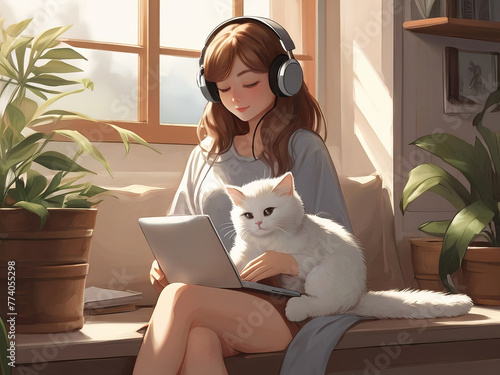An adorable white cat lying near a laptop and a young girl from work, an anime-style cozy indoor scene. photo