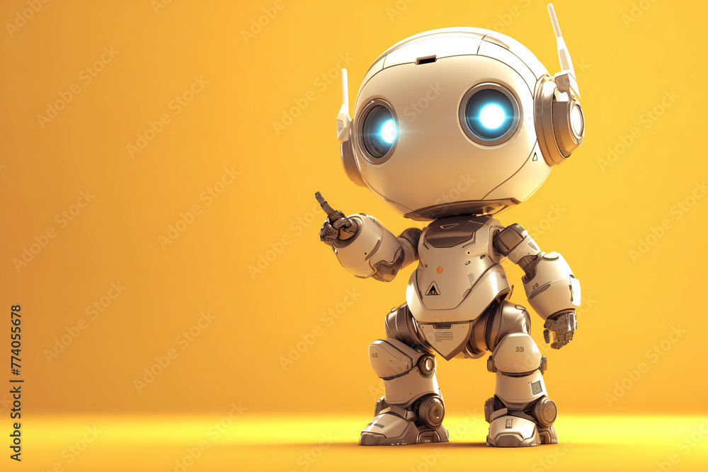 Positive cute robot pointing at a space. Copy space Positive cute robot pointing at a space. Copy space