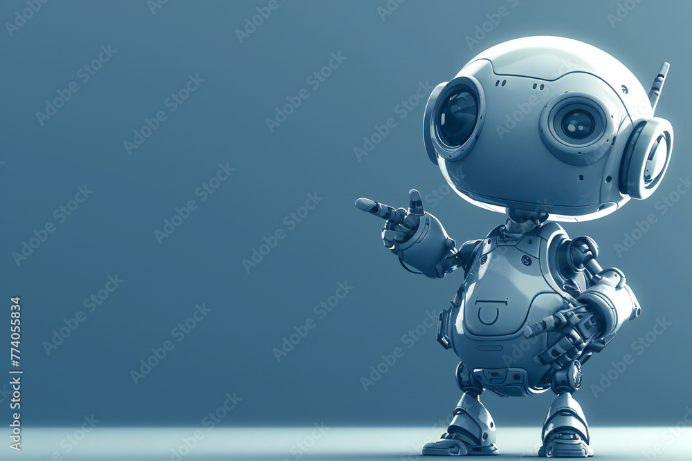 Positive cute robot pointing at a space. Copy space Positive cute robot pointing at a space. Copy space