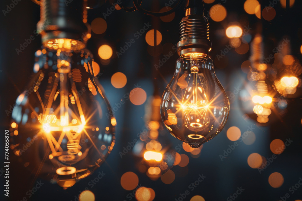 Illuminated Vintage Edison Bulbs Against a Dark Background with Bokeh Lights