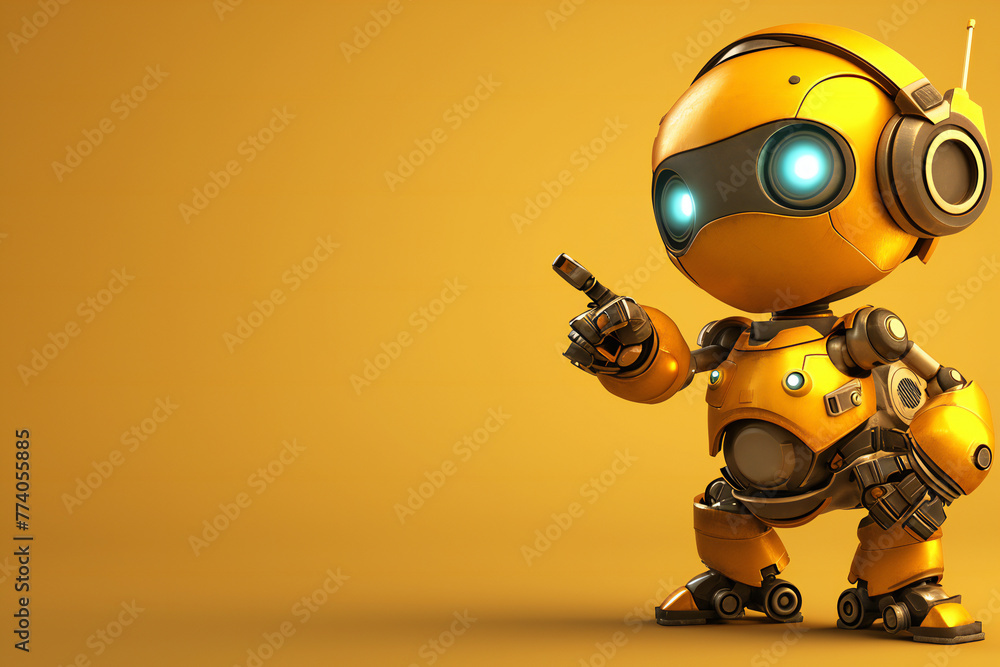 Positive cute robot pointing at a space. Copy space Positive cute robot pointing at a space. Copy space
