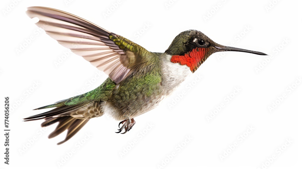 Fototapeta premium Flying Ruby-throated Hummingbird on white background