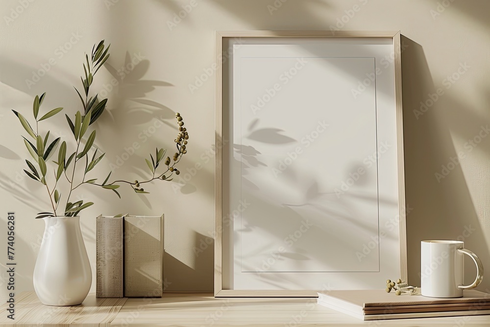 Minimalistic Vertical Poster Frame Mockup with Olive Branches and Books Minimalistic Vertical Poster Frame Mockup with Olive Branches and Books