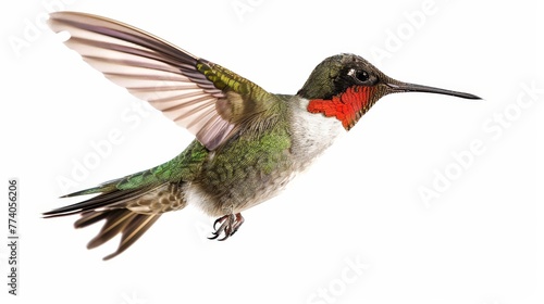 Flying Ruby-throated Hummingbird on white background