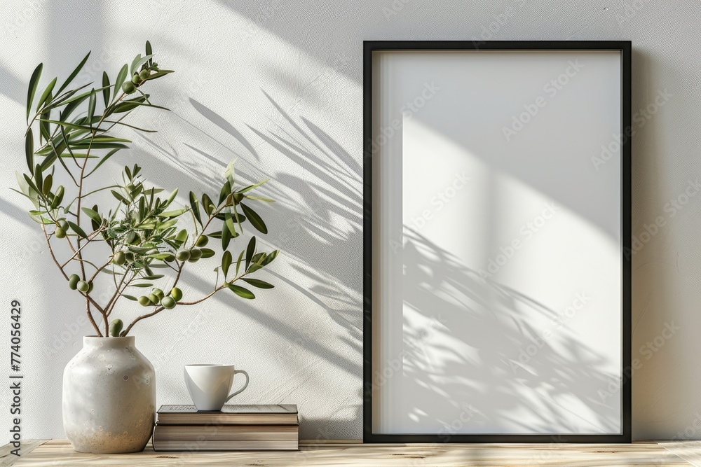 Minimalistic Vertical Poster Frame Mockup with Olive Branches and Books Minimalistic Vertical Poster Frame Mockup with Olive Branches and Books
