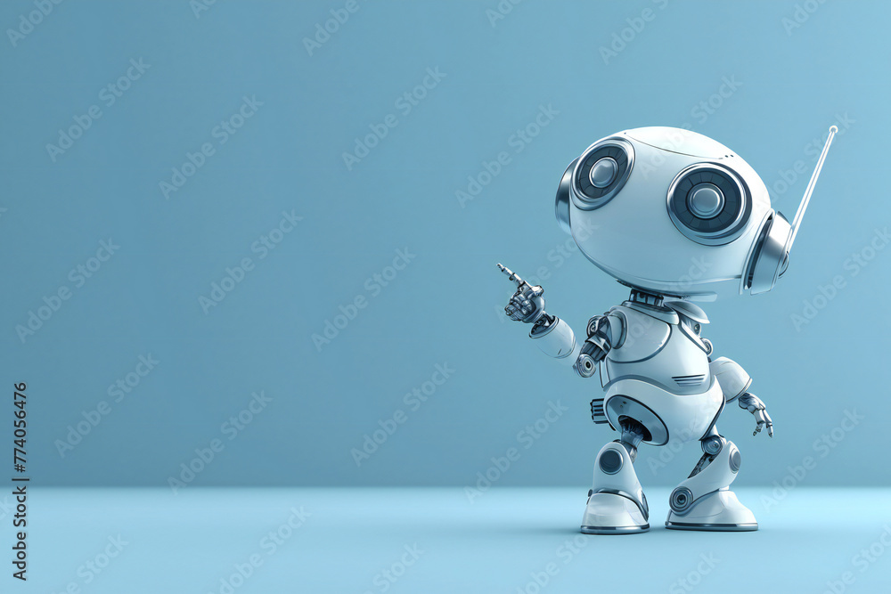 Positive cute robot pointing at a space. Copy space Positive cute robot pointing at a space. Copy space