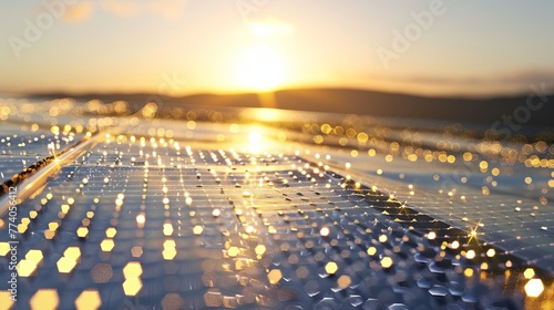 A detailed shot of a solar panel's surface, capturing the intricate pattern of cells that convert sunlight into electricity, with a backdrop of a clear, sunny sky, emphasizing the beauty of solar tech photo