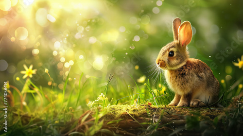 A cute bunny with fluffy fur nibbles on grass in a sunny meadow, wildlife nature concept.