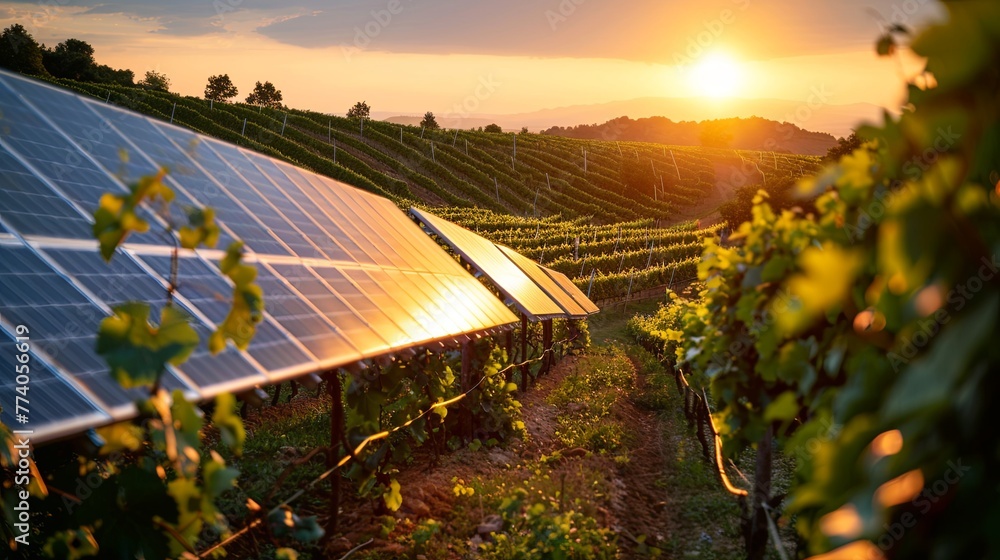 vineyard incorporating solar panels among its grapevines, showcasing sustainable agriculture practices by powering operations with clean energy, under the soft glow of the afternoon sun. - obrazy, fototapety, plakaty 