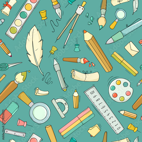 ПечатьSeamless pattern with school and office stationery. Education concept background with study supplies, pencils, pen, ruler, eraser, paints and brush, vector cartoon illustration