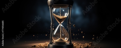 Hourglass with sand inside on dark background, banner time concept. Generative Ai. © annamaria