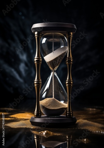 Hourglass with sand inside on dark background, time concept. Generative Ai.