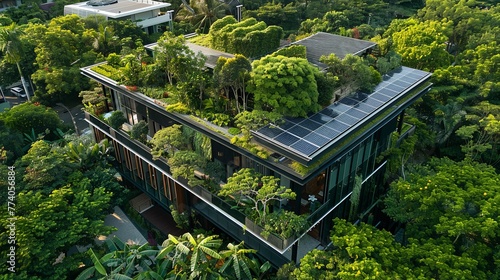 An aerial view of a green-roofed building, its roof adorned with an array of solar panels amidst lush vegetation, demonstrating innovative urban solutions to sustainability and renewable energy integr © Filip