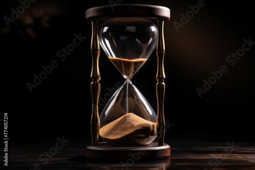 Hourglass with sand inside on dark background, time concept. Generative Ai.