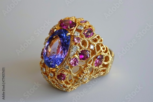 Designed gemstone and gold cocktail ring, Exquisitely crafted cocktail ring adorned with gemstones and gold.