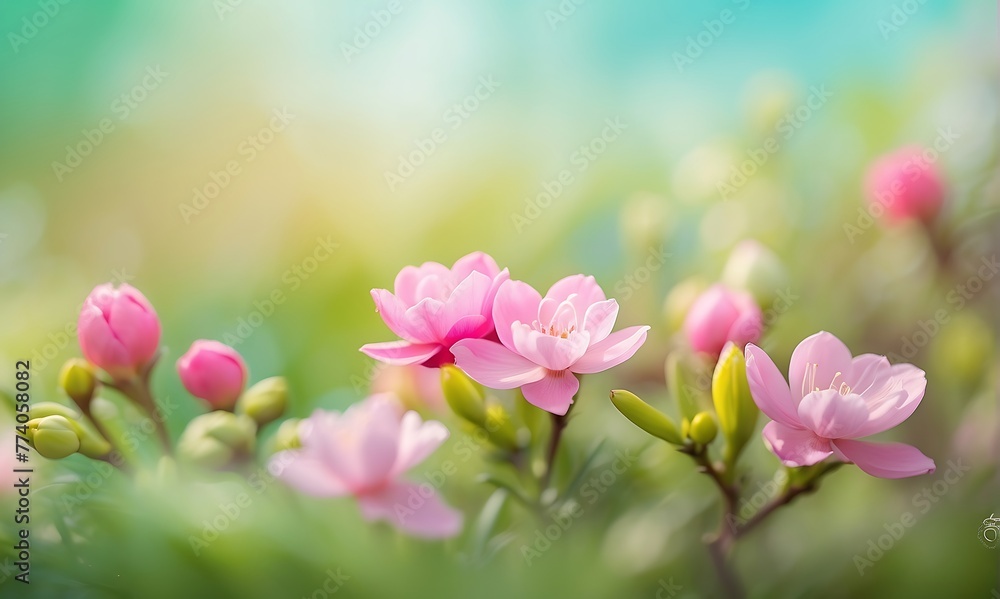 Beautiful pink sakura flowers blooming in the garden with soft focus wide background