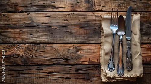 Vintage cutlery set on rustic wooden background with copy space.