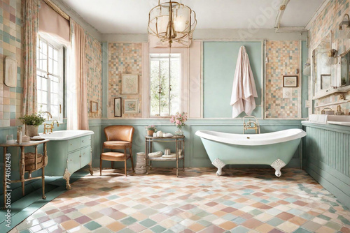 A retro-chic bathroom with pastel-colored tile accents  a vintage vanity  and an old-fashioned bathtub with claw feet.