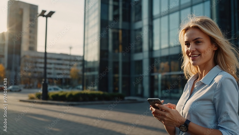 Business woman talking on a smartphone on the street near modern business buildings. Business woman talking on a smartphone on the street near modern business buildings.