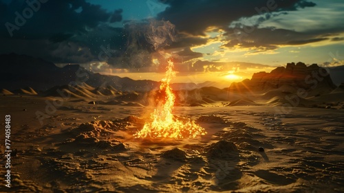 Flaming volcano in the desert at sunset. 3d rendering