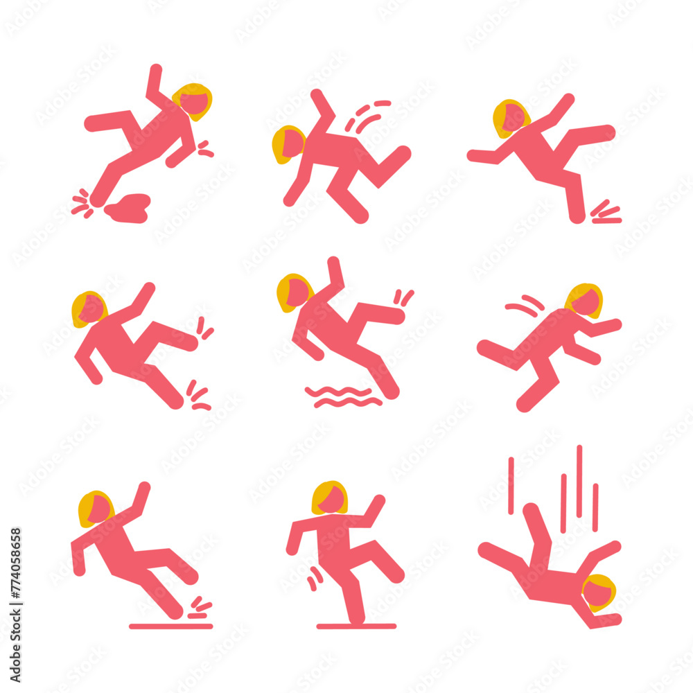 Set of caution symbols with pink falling stick figure woman. She falls down the stairs and over the edge. Wet floor, stuck on stairs. Workplace safety Set of caution symbols with pink falling stick figure woman. She falls down the stairs and over the edge. Wet floor, stuck on stairs. Workplace safety