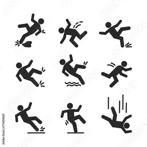Set of caution symbols with falling stick figure man. He falls down the stairs and over the edge. Wet floor, stuck on stairs. Workplace safety