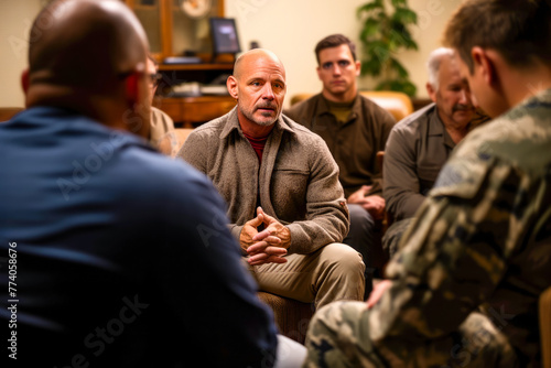 Focused group of veterans engage in thoughtful conversation, supporting one another. A warm, intimate setting connection. Concept of group discussions as a cornerstone of veteran therapy