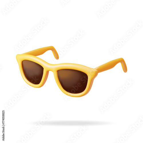 3d Yellow Sunglasses Icon Isolated on White. Render Sun Glasses Symbol. Concept of Summer Vacation or Holiday, Time to Travel. Beach Relaxation. Realistic Vector Illustration