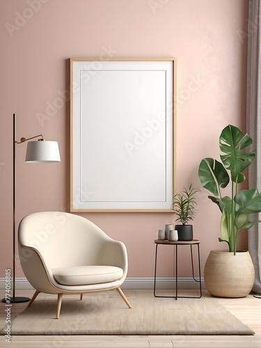 Interior of modern living room with white walls  concrete floor  beige armchair and mock up poster frame. 3d render