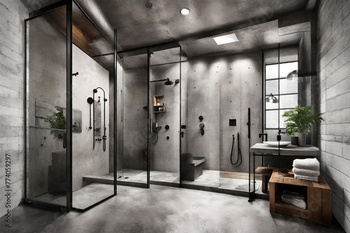 A contemporary industrial bathroom with concrete walls  stainless steel fixtures  and a walk-in shower with a glass partition.