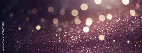 Background of abstract glitter lights. Amethyst purple and silver. Defocused. Banner.