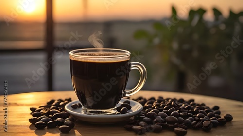 Hot glass of coffee and coffee beans on table at sunset.