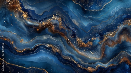 Art that incorporates the swirls of marble or the ripples of agate. Blue paint with gold powder.