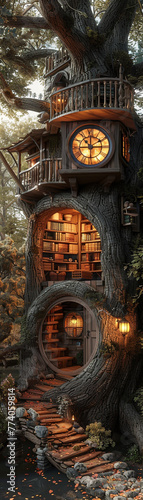 A tree house with a clock on the wall and a library inside. The tree house is surrounded by trees and has a cozy, warm atmosphere