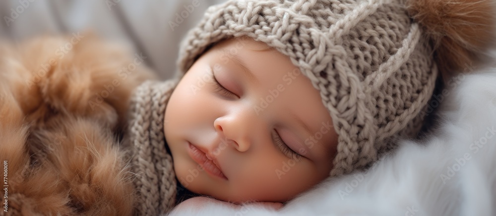 An adorable baby peacefully sleeping on a bed next to a cuddly teddy bear An adorable baby peacefully sleeping on a bed next to a cuddly teddy bear