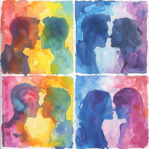 A watercolor quadriptych captures the fluidity of love across the LGBTQ+ spectrum, portraying tender moments and diverse relationships around a central, unifying individual. photo