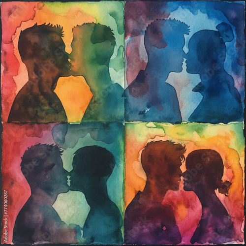 A watercolor quadriptych captures the fluidity of love across the LGBTQ+ spectrum, portraying tender moments and diverse relationships around a central, unifying individual. photo