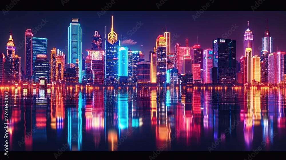 Neon-lit cityscape with a mix of architectural styles, Urban landscape illuminated by neon lights showcasing diverse architectural styles. - obrazy, fototapety, plakaty 