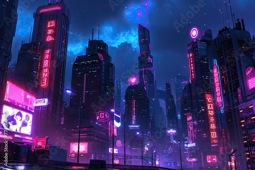 Neon-lit cityscape with a mix of architectural styles, Urban landscape illuminated by neon lights showcasing diverse architectural styles. photo