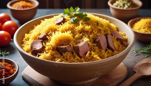 A bowl filled with pilau rice and meat