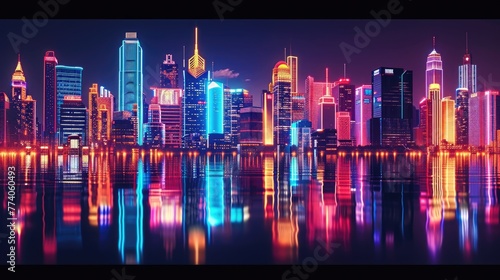 Neon-lit cityscape with a mix of architectural styles, Urban landscape illuminated by neon lights showcasing diverse architectural styles. photo