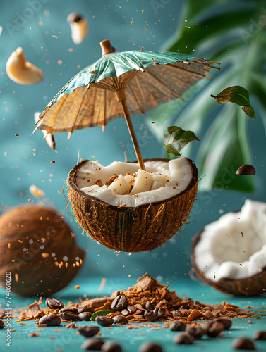 Coconut with umbrella design. Abstract tropical island in the sea. Summer vacation travel destination wallpaper background commercial. Kokos sa suncobranom, ostrvo, more, odmor, putovanje
