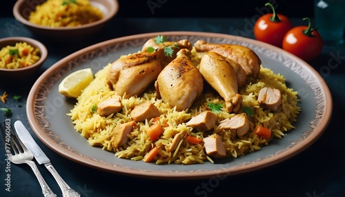 A plate of food with chicken and pilau rice